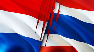 Hollanda ve Tayland bayraklarında yara izi var. Dalgalanan bayrak, 3 boyutlu görüntüleme. Hollanda ve Tayland çatışma konsepti. Hollanda Tayland ilişkileri kavramı. Hollanda ve Tayland bayrağı