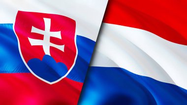 Slovakya ve Hollanda bayrakları. 3 boyutlu dalgalanan bayrak tasarımı. Slovakya Hollanda bayrağı, resim, duvar kağıdı. Slovakya, Hollanda 'ya karşı, görüntü 3D. Slovakya Hollanda ilişkileri bir ittifak