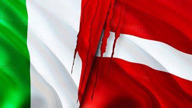 İtalya ve Letonya yara izi olan bayraklar. Dalgalanan bayrak, 3 boyutlu görüntüleme. İtalya ve Letonya çatışma konsepti. İtalya Letonya ilişkileri kavramı. İtalya ve Letonya bayrağı krizi, savaş, saldırı konsepti