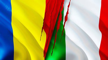 Romanya ve İtalya yara izi kavramına sahip bayraklar. Dalgalanan bayrak, 3 boyutlu görüntüleme. Romanya ve İtalya ihtilaf konsepti. Romanya İtalya ilişkileri kavramı. Romanya ve İtalya 'nın bayrağı kriz, savaş, saldırı konsepti