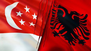 Singapur ve Arnavutluk yara izi kavramına sahip. Dalgalanan bayrak, 3 boyutlu görüntüleme. Singapur ve Arnavutluk çatışma konsepti. Singapur Arnavutluk ilişkileri kavramı. Singapur bayrağı ve Arnavutluk krizi, savaş, attac