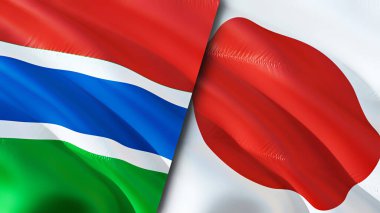 Gambiya ve Japonya bayrakları. 3 boyutlu dalgalanan bayrak tasarımı. Gambiya Japonya bayrağı, resim, duvar kağıdı. Gambiya Japonya 'ya karşı, görüntü 3 boyutlu. Gambiya Japonya ilişkileri ittifak ve ticaret, seyahat, turizm konsepti