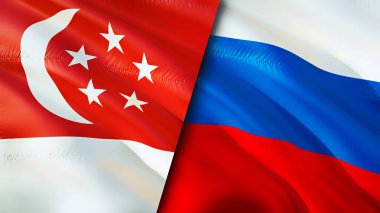 Singapur ve Rusya bayrakları. 3 boyutlu dalgalanan bayrak tasarımı. Singapur Rusya bayrağı, resim, duvar kağıdı. Singapur Rusya 'ya karşı, görüntü 3D. Singapur Rusya ilişkileri ittifak ve ticaret, seyahat, turnuva