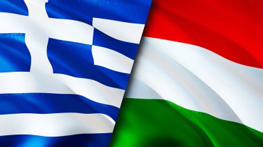 Yunanistan ve Macaristan bayrakları. 3 boyutlu dalgalanan bayrak tasarımı. Yunanistan bayrağı, resim, duvar kağıdı. Yunanistan Macaristan 'a karşı, görüntü 3D. Yunanistan Macaristan ilişkileri ittifak ve ticaret, seyahat ve turizm consepti