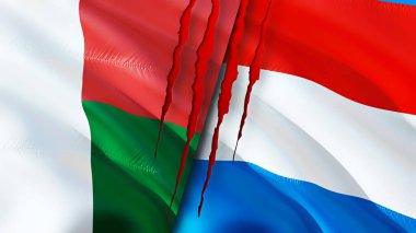 Madagaskar ve Lüksemburg bayrakları ve yara izi konsepti. Dalgalanan bayrak, 3 boyutlu görüntüleme. Madagaskar ve Lüksemburg çatışma konsepti. Madagaskar Lüksemburg ilişkileri kavramı. Madagaskar ve Lüksemburg bayrağı