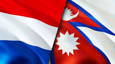 Hollanda ve Nepal bayrakları. 3 boyutlu dalgalanan bayrak tasarımı. Hollanda bayrağı, resim, duvar kağıdı. Hollanda, Nepal imajına karşı, 3D görüntüleme. Hollanda Nepal ilişkileri ittifak ve ticaret, seyahat, turnuva