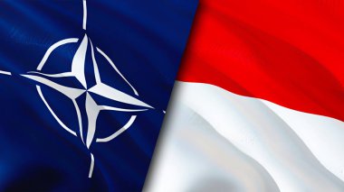 NATO ve Monako bayrakları. 3 boyutlu dalgalanan bayrak tasarımı. Monako NATO bayrağı, resim, duvar kağıdı. NATO, Monako 'ya karşı, görüntü 3 boyutlu. NATO Monako ilişkileri ittifak ve Ticaret, seyahat, turizm konsepti
