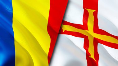 Romanya ve Guernsey bayrakları. 3 boyutlu dalgalanan bayrak tasarımı. Romanya Guernsey bayrağı, resim, duvar kağıdı. Romanya, Guernsey 'e karşı, görüntü 3D. Romanya Guernsey ilişkileri ittifak ve Ticaret, seyahat, turnuva