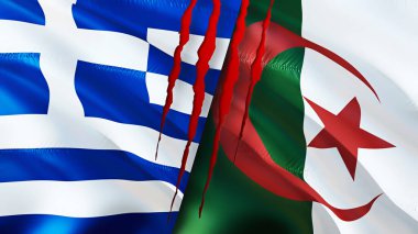 Yunanistan ve Cezayir yara izi kavramına sahip bayraklar. Dalgalanan bayrak, 3 boyutlu görüntüleme. Yunanistan ve Cezayir çatışma konsepti. Yunanistan Cezayir ilişkileri kavramı. Yunanistan ve Cezayir bayrağı krizi, savaş, saldırı konsepti