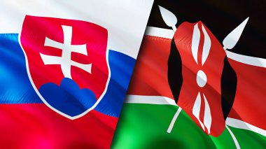 Slovakya ve Kenya bayrakları. 3 boyutlu dalgalanan bayrak tasarımı. Slovakya Kenya bayrağı, resim, duvar kağıdı. Slovakya, Kenya imajına karşı, 3D görüntüleme. Slovakya Kenya ilişkileri ittifak ve ticaret, seyahat, turizm konsepti