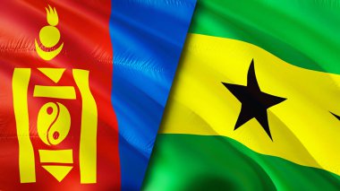 Moğolistan, Sao Tome ve Principe bayrakları. 3 boyutlu dalgalanan bayrak tasarımı. Moğolistan Sao Tome ve Principe bayrağı, resim, duvar kağıdı. Moğolistan, Sao Tome ve Principe 'nin 3 boyutlu görüntüsüne karşı. Moğolistan Sao Tome ve