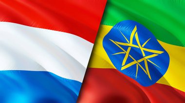 Lüksemburg ve Etiyopya bayrakları. 3 boyutlu dalgalanan bayrak tasarımı. Lüksemburg Etiyopya bayrağı, resim, duvar kağıdı. Lüksemburg, Etiyopya imajına karşı, 3D görüntüleme. Lüksemburg Etiyopya ilişkileri ittifakı