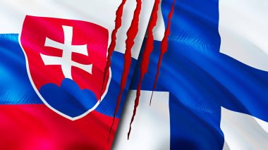 Slovakya ve Finlandiya yara izi kavramına sahip bayraklar. Dalgalanan bayrak, 3 boyutlu görüntüleme. Slovakya ve Finlandiya çatışma konsepti. Slovakya Finlandiya ilişkileri kavramı. Slovakya ve Finlandiya bayrağı krizi, savaş, attac