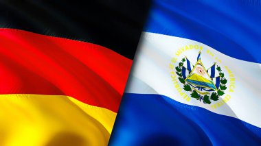 Almanya ve El Salvador bayrakları. 3 boyutlu dalgalanan bayrak tasarımı. Almanya El Salvador bayrağı, resim, duvar kağıdı. Almanya, El Salvador 'a karşı, görüntü 3 boyutlu. Almanya El Salvador İlişkiler Birliği ve