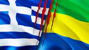 Yunanistan ve Gabon yara izi kavramına sahip bayraklar. Dalgalanan bayrak, 3 boyutlu görüntüleme. Yunanistan ve Gabon çatışma konsepti. Yunanistan Gabon ilişkileri kavramı. Yunanistan bayrağı ve Gabon krizi, savaş, saldırı konsepti