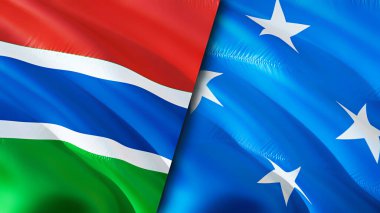 Gambiya ve Mikronezya bayrakları. 3 boyutlu dalgalanan bayrak tasarımı. Gambiya Mikronezya bayrağı, resim, duvar kağıdı. Gambiya, Mikronezya 'ya karşı, görüntü 3 boyutlu. Gambiya Mikronezya ilişkileri ittifak ve ticaret, seyahat, turnuva