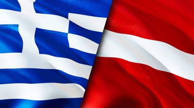 Yunanistan ve Letonya bayrakları. 3 boyutlu dalgalanan bayrak tasarımı. Yunanistan Letonya bayrağı, resim, duvar kağıdı. Yunanistan Letonya 'ya karşı görüntü, 3D görüntüleme. Yunanistan Letonya ilişkileri ittifak ve ticaret, seyahat ve turizm konsepti