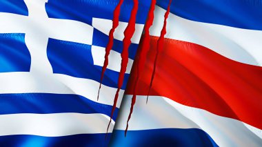 Yunanistan ve Kosta Rika yara izi kavramına sahip bayraklar. Dalgalanan bayrak, 3 boyutlu görüntüleme. Yunanistan ve Kosta Rika çatışma kavramı. Yunanistan Kosta Rika ilişkileri kavramı. Yunanistan bayrağı ve Kosta Rika krizi, savaş, attac
