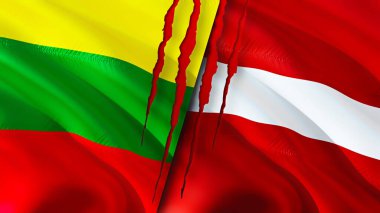 Yara izi olan Litvanya ve Letonya bayrakları. Dalgalanan bayrak, 3 boyutlu görüntüleme. Litvanya ve Letonya çatışma konsepti. Litvanya Letonya ilişkileri kavramı. Litvanya ve Letonya bayrağı krizi, savaş, attac