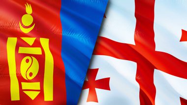 Moğolistan ve Gürcistan bayrakları. 3 boyutlu dalgalanan bayrak tasarımı. Moğolistan bayrağı, resim, duvar kağıdı. Moğolistan, Gürcistan 'a karşı imajı, 3 boyutlu. Moğolistan ilişkileri ittifak ve ticaret, seyahat, turnuva