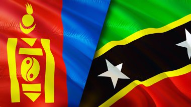 Moğolistan, Saint Kitts ve Nevis bayrakları. 3 boyutlu dalgalanan bayrak tasarımı. Moğolistan Saint Kitts ve Nevis bayrağı, resim, duvar kağıdı. Moğolistan, Saint Kitts ve Nevis 'e karşı, görüntü 3D. Moğolistan Saint Kitt