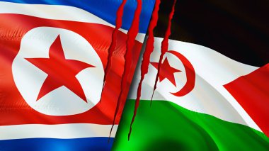 Kuzey Kore ve Batı Sahra bayraklarında yara izi var. Dalgalanan bayrak, 3 boyutlu görüntüleme. Kuzey Kore ve Batı Sahra çatışma konsepti. Kuzey Kore Batı Sahra ilişkileri kavramı. Kuzey Kore bayrağı