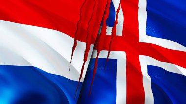 Hollanda ve İzlanda yara izi kavramına sahip bayraklar. Dalgalanan bayrak, 3 boyutlu görüntüleme. Hollanda ve İzlanda çatışma konsepti. Hollanda İzlanda ilişkileri kavramı. Hollanda ve Icelan bayrağı