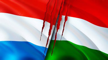 Yara izi olan Lüksemburg ve Macaristan bayrakları. Dalgalanan bayrak, 3 boyutlu görüntüleme. Lüksemburg ve Macaristan çatışma konsepti. Lüksemburg Macaristan ilişkileri kavramı. Lüksemburg ve Macaristan bayrağı, savaş