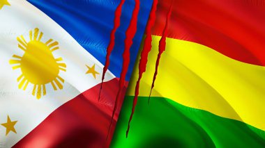 Yara izi olan Filipinler ve Bolivya bayrakları. Dalgalanan bayrak, 3 boyutlu görüntüleme. Filipinler ve Bolivya çatışması konsepti. Filipinler Bolivya ilişkileri konsepti. Filipinler ve Bolivya bayrağı