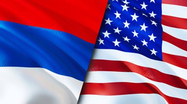 Sırbistan ve ABD bayrakları. 3 boyutlu dalgalanan bayrak tasarımı. Sırbistan ABD bayrağı, resmi, duvar kağıdı. Sırbistan ABD 'ye karşı imaj, 3D görüntüleme. Sırbistan ABD ilişkileri ittifakı