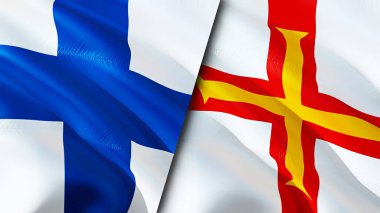 Finlandiya ve Guernsey bayrakları. 3 boyutlu dalgalanan bayrak tasarımı. Finlandiya Guernsey bayrağı, resim, duvar kağıdı. Finlandiya, Guernsey 'e karşı, görüntü 3D. Finlandiya Guernsey ilişkileri ittifak ve ticaret, seyahat, turnuva