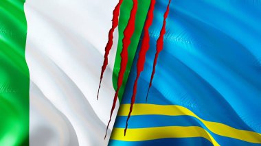 Yara izi olan Nijerya ve Aruba bayrakları. Dalgalanan bayrak, 3 boyutlu görüntüleme. Nijerya ve Aruba çatışma konsepti. Nijerya Aruba ilişkileri kavramı. Nijerya bayrağı ve Aruba krizi, savaş, saldırı konsepti