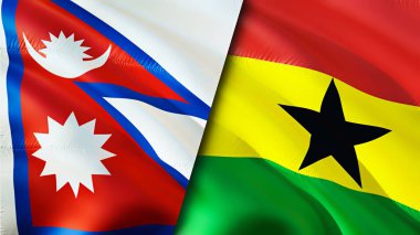 Nepal ve Gana bayrakları. 3 boyutlu dalgalanan bayrak tasarımı. Nepal Gana bayrağı, resim, duvar kağıdı. Nepal vs Gana görüntüsü, 3D görüntüleme. Nepal Gana ilişkileri ittifak ve ticaret, seyahat, turizm konsepti