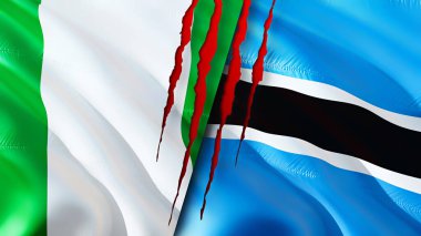 Nijerya ve Botswana bayraklarında yara izi var. Dalgalanan bayrak, 3 boyutlu görüntüleme. Nijerya ve Botswana çatışma konsepti. Nijerya Botsvana ilişkileri kavramı. Nijerya ve Botsvana bayrağı krizi, savaş, attac