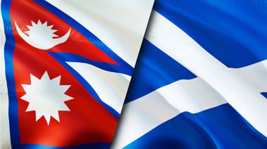 Nepal ve İskoçya bayrakları. 3 boyutlu dalgalanan bayrak tasarımı. Nepal İskoçya bayrağı, resim, duvar kağıdı. Nepal, İskoçya 'ya karşı, görüntü 3D. Nepal İskoçya ilişkileri ittifak ve ticaret, seyahat, turizm konsepti