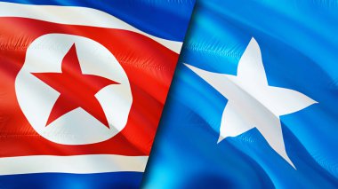 Kuzey Kore ve Somali bayrakları. 3 boyutlu dalgalanan bayrak tasarımı. Kuzey Kore Somali bayrağı, resim, duvar kağıdı. Kuzey Kore, Somali imajına karşı, 3D görüntüleme. Kuzey Kore Somali ilişkileri ittifakı