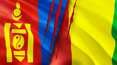 Yara izi olan Moğolistan ve Gine bayrakları. Dalgalanan bayrak, 3 boyutlu görüntüleme. Moğolistan ve Gine çatışma konsepti. Moğolistan Gine ilişkileri kavramı. Moğolistan ve Gine bayrağı krizi, savaş, saldırı konsepti