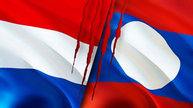 Hollanda ve Laos yara izi konseptli bayraklar. Dalgalanan bayrak, 3 boyutlu görüntüleme. Hollanda ve Laos çatışma konsepti. Hollanda Laos ilişkileri kavramı. Hollanda bayrağı ve Laos krizi, savaş, attac