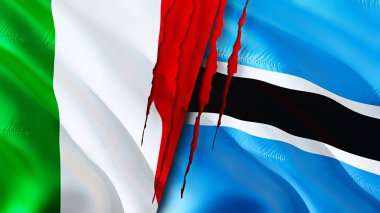 İtalya ve Botswana yara izi olan bayraklar. Dalgalanan bayrak, 3 boyutlu görüntüleme. İtalya ve Botswana çatışma konsepti. İtalya Botswana ilişkileri kavramı. İtalya ve Botswana bayrağı krizi, savaş, saldırı konsepti