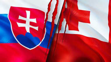Slovakya ve Tonga bayrakları yara izi konseptiyle. Dalgalanan bayrak, 3 boyutlu görüntüleme. Slovakya ve Tonga çatışma konsepti. Slovakya Tonga ilişkileri kavramı. Slovakya ve Tonga bayrağı krizi, savaş, saldırı konsepti