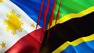Yara izi olan Filipinler ve Tanzanya bayrakları. Dalgalanan bayrak, 3 boyutlu görüntüleme. Filipinler ve Tanzanya çatışma konsepti. Filipinler Tanzanya ilişkileri konsepti. Filipinler ve Tanzani bayrağı