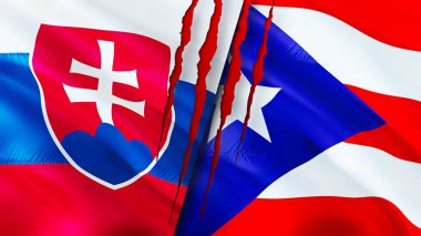 Slovakya ve Porto Riko bayraklarında yara izi var. Dalgalanan bayrak, 3 boyutlu görüntüleme. Slovakya ve Porto Riko çatışma konsepti. Slovakya Porto Riko ilişkileri kavramı. Slovakya ve Puerto Ric bayrağı