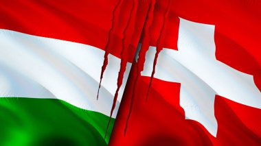Macaristan ve İsviçre bayraklarında yara izi var. Dalgalanan bayrak, 3 boyutlu görüntüleme. Macaristan ve İsviçre çatışma konsepti. Macaristan-İsviçre ilişkileri kavramı. Macaristan ve İsviçre bayrağı