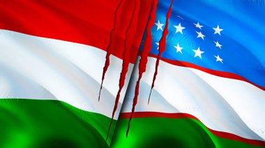 Yara izi olan Macaristan ve Özbekistan bayrakları. Dalgalanan bayrak, 3 boyutlu görüntüleme. Macaristan ve Özbekistan çatışma konsepti. Macaristan Özbekistan ilişkileri kavramı. Macaristan ve Özbekistan krizi bayrağı, savaş