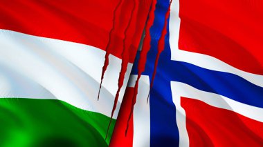 Macaristan ve Norveç bayraklarında yara izi var. Dalgalanan bayrak, 3 boyutlu görüntüleme. Macaristan ve Norveç çatışma konsepti. Macaristan Norveç ilişkileri kavramı. Macaristan ve Norveç bayrağı kriz, savaş, saldırı konsepti