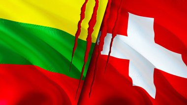 Yara izi olan Litvanya ve İsviçre bayrakları. Dalgalanan bayrak, 3 boyutlu görüntüleme. Litvanya ve İsviçre çatışma konsepti. Litvanya İsviçre ilişkileri kavramı. Litvanya ve İsviçre bayrağı