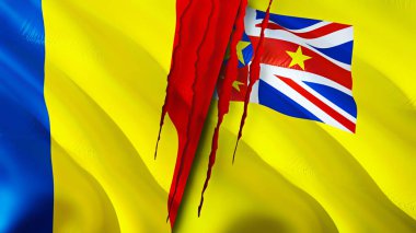 Romanya ve Niue bayrakları yara izi kavramına sahipler. Dalgalanan bayrak, 3 boyutlu görüntüleme. Romanya ve Niue çatışma konsepti. Romanya Niue ilişkileri kavramı. Romanya bayrağı ve Niue krizi, savaş, saldırı konsepti