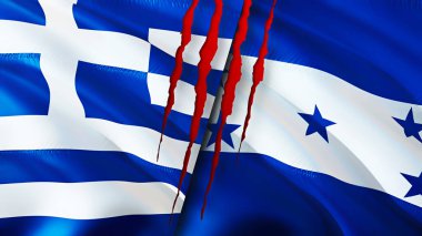 Yunanistan ve Honduras yara izi kavramına sahip bayraklar. Dalgalanan bayrak, 3 boyutlu görüntüleme. Yunanistan ve Honduras çatışma konsepti. Yunanistan Honduras ilişkileri kavramı. Yunanistan bayrağı ve Honduras krizi, savaş, saldırı konsepti