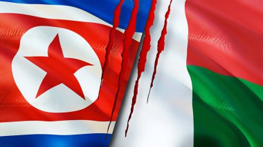 Kuzey Kore ve Madagaskar bayrakları yara izi konseptiyle. Dalgalanan bayrak, 3 boyutlu görüntüleme. Kuzey Kore ve Madagaskar çatışma konsepti. Kuzey Kore Madagaskar ilişkileri kavramı. Kuzey Kore bayrağı