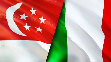 Singapur ve İtalya bayrakları. 3 boyutlu dalgalanan bayrak tasarımı. Singapur İtalya bayrağı, resim, duvar kağıdı. Singapur İtalya 'ya karşı, görüntü 3 boyutlu. Singapur İtalya ilişkileri ittifak ve ticaret, seyahat, turizm konsepti